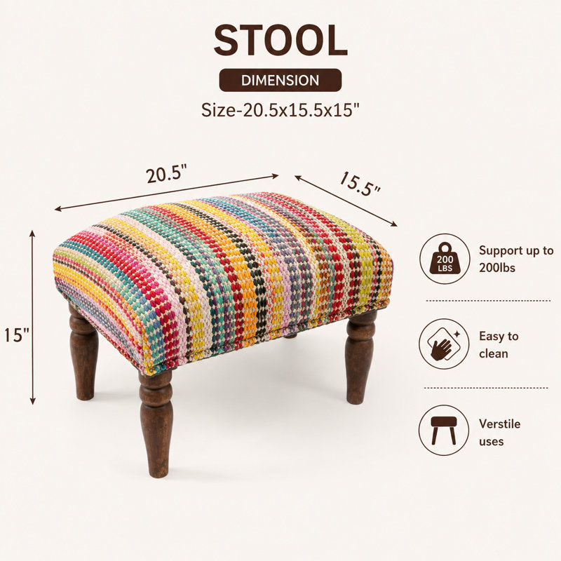 Decorative Upholstered Foot Stool | Handwoven Accent Ottoman | 20.5x15.5x15"