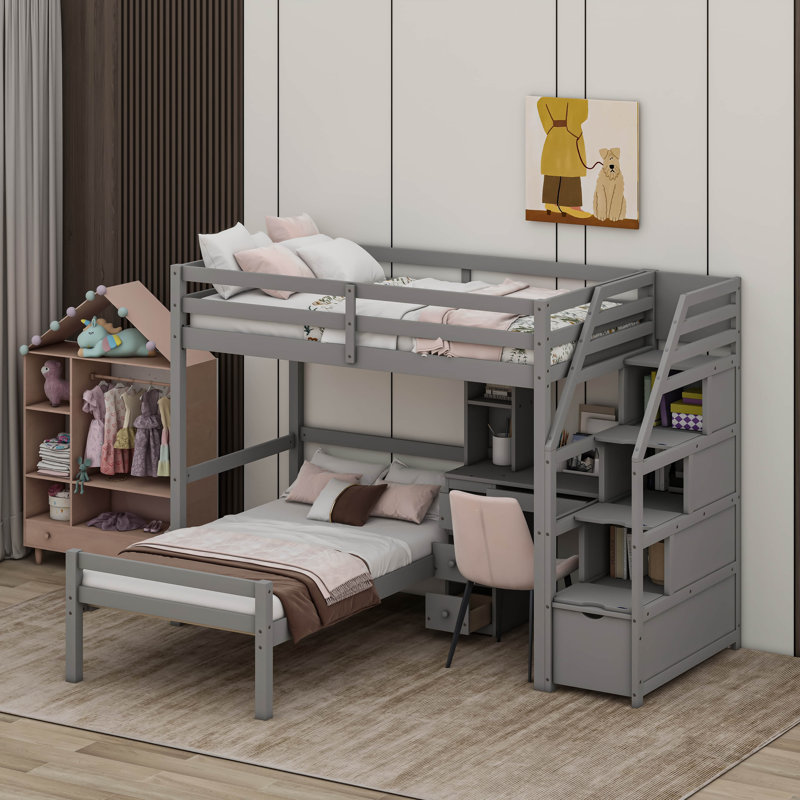 Kids Twin Loft Bed with Drawers, Gray