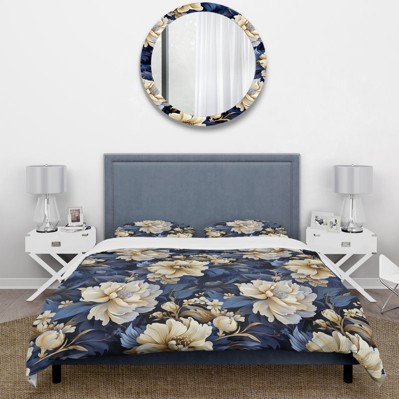 Literie de marguerites bleu foncé et blanches, Housse de couette pour grand lit et 2 taies décor
