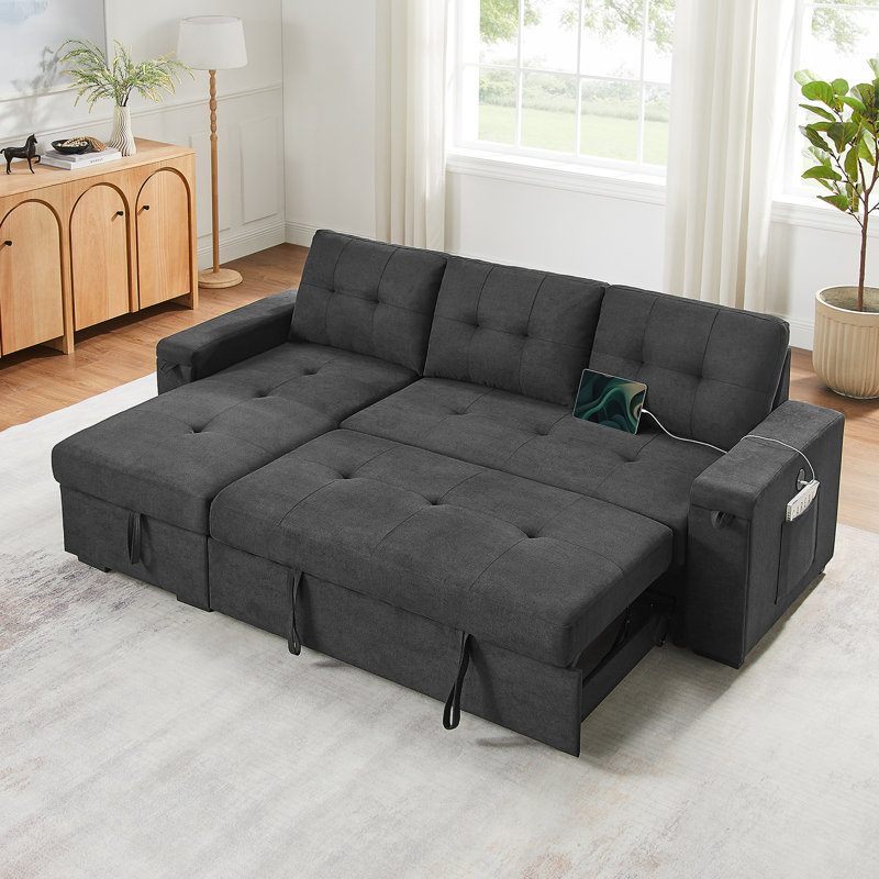 Canapé d'angle convertible réversible Toby de 95 po en tissu tissé noir avec méridienne de rangement, 3 pièces