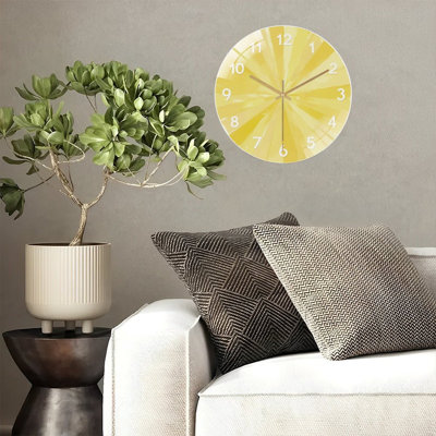 Yellow Sunburst Clock Face With Numbers Art - 12'' Modern Glass Wall Clock