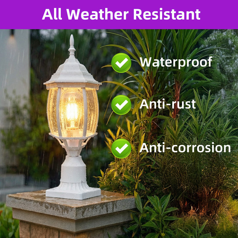 17“H Outdoor Post Lantern in White with Clear Glass Panels, Powder Coated Finish
