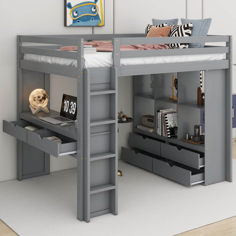 Jashay Kids Full Loft Bed with Drawers, Gray