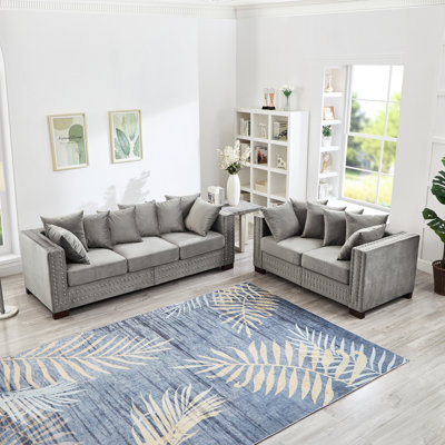 Décoration moderne en velours 2 + 3 places avec accoudoirs carrés et décoration à clous argentés, gris, coussin de siège confortable, ressorts ensachés, housse amovible, espace de rangement sous le siège, assemblage requis 5 -