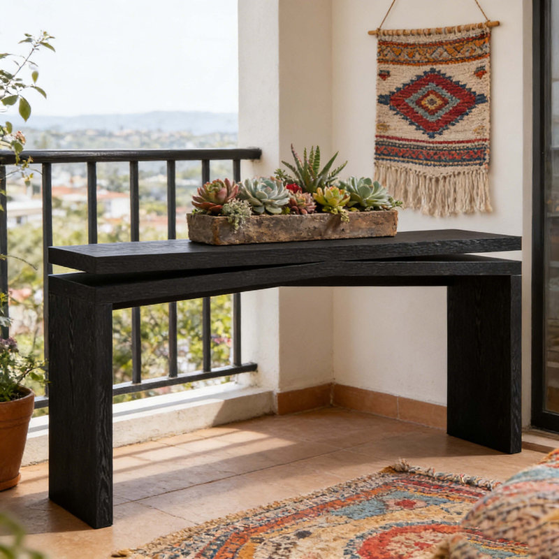 Console de 65 pouces en placage de bois massif rustique, longue table d'entrée de style campagnard pour salon, couloir, canapé-lit, appartement, noir