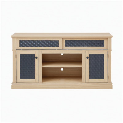 Meuble télé, console télé et média en relief avec espace de rangement ouvert et fermé et porte coulissante pour le salon et la chambre à coucher, chêne clair, l 58,27 po x l 15,35 po x 31,7 po