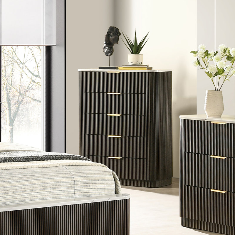 Commode 5 tiroirs avec plateau en faux marbre Valarie
