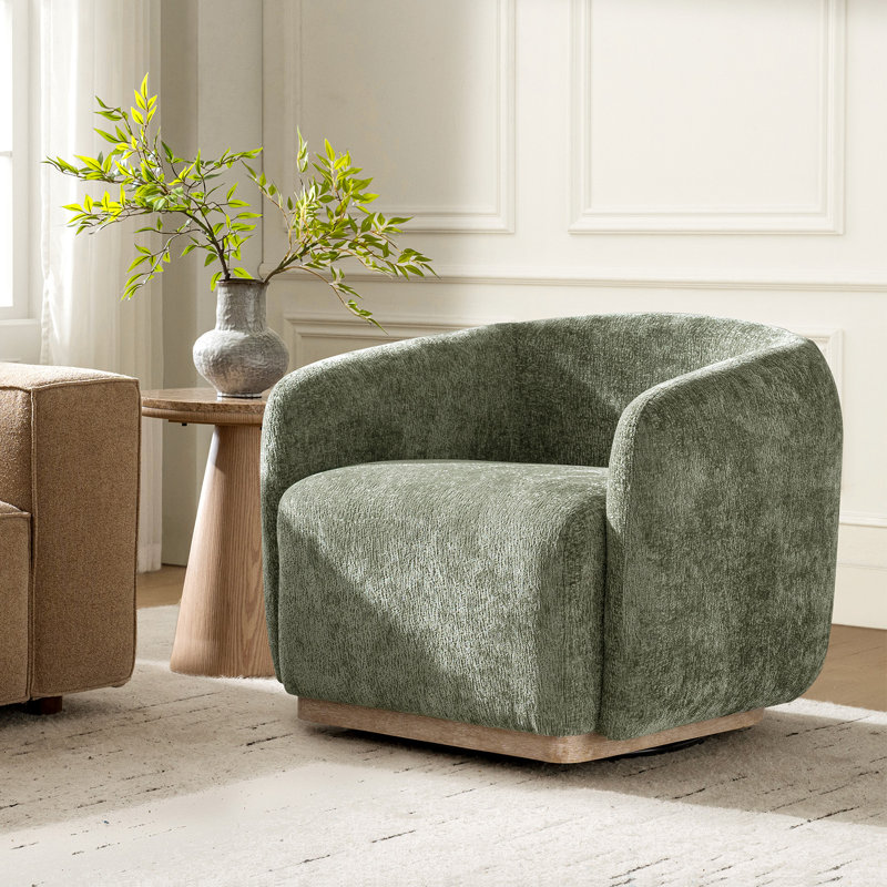 Berklie 35"W Modern Boucle Chenille Swivel Armchair With Solid Wood Base, Moss