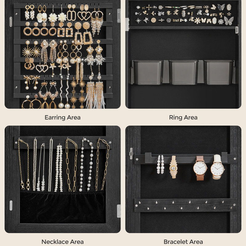 Black Wall-Mounted Jewelry Armoire with LED Mirror