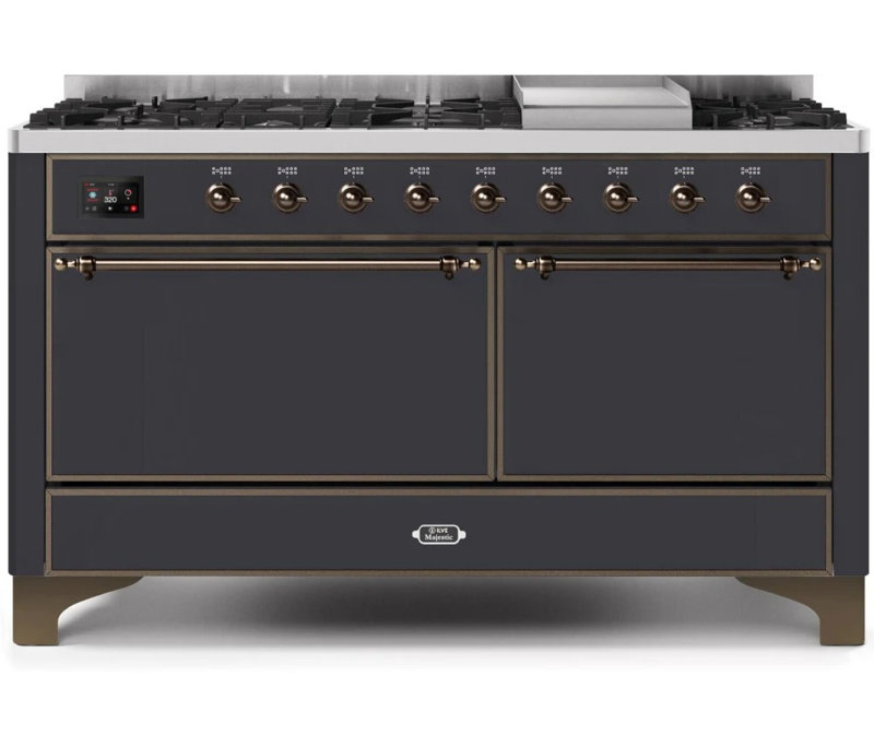ILVE UM15FDQNS3BKCLP Majestic II 60 inch Dual Fuel Range with 9 Burners, Griddle (Liquid Propane, Solid Door, Glossy Black, Chrome)