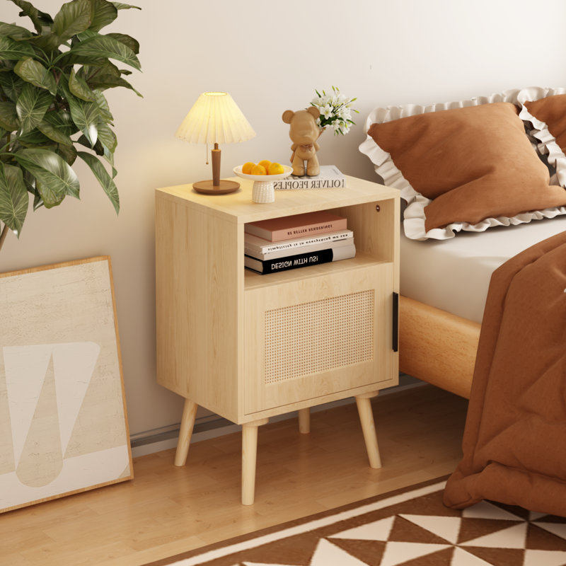 Table de chevet en rotin avec porte et tablette ouverte pour chambre à coucher, dortoir et petits espaces