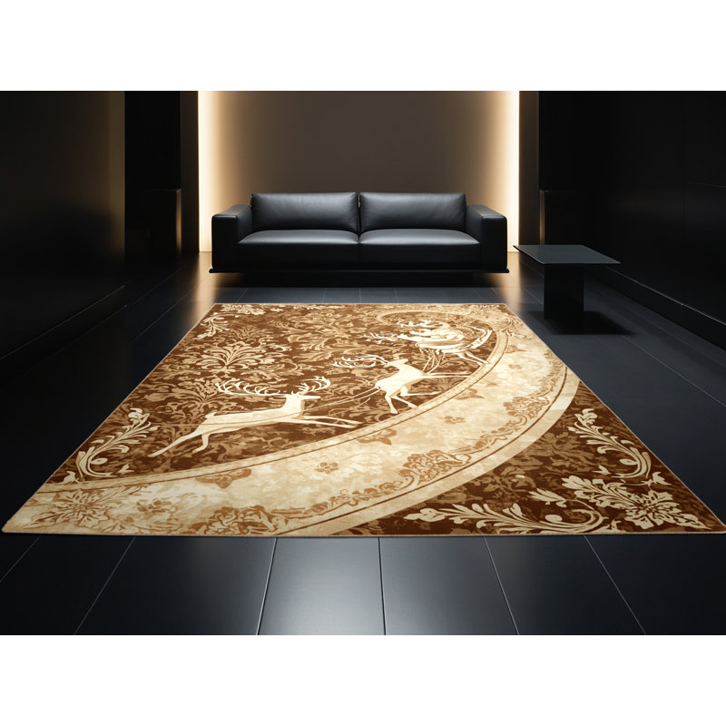 Tapis pour véhicule de transport et de traîneau classique beige lavable à la machine avec renne, 7 x 10
