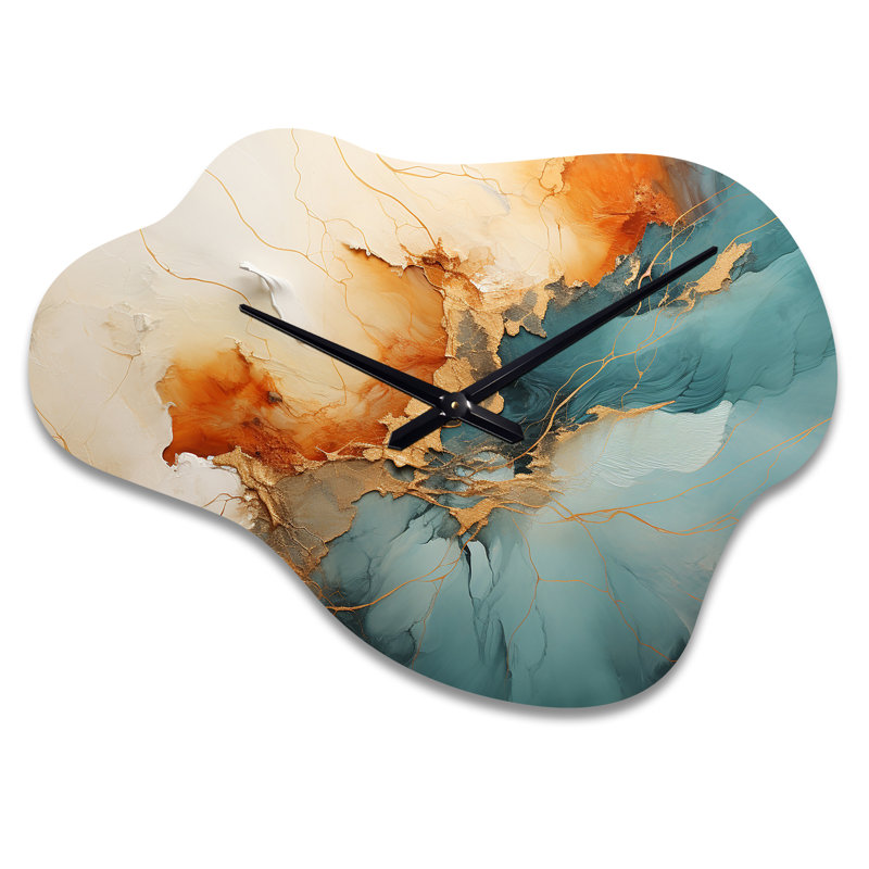 Teal Orange Bold Energy V - Dams Asymmetrical Metal Wall Clock, Modern Cloud Wall Clock Print, Small