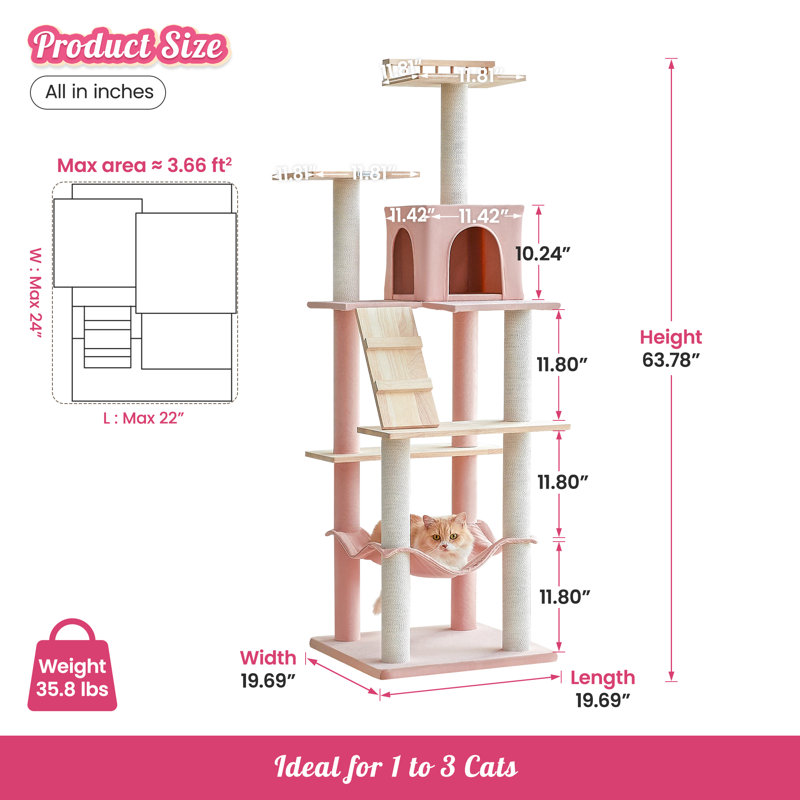 Pink Multi-Level Modern Cat Tree with Hammock and Condo
