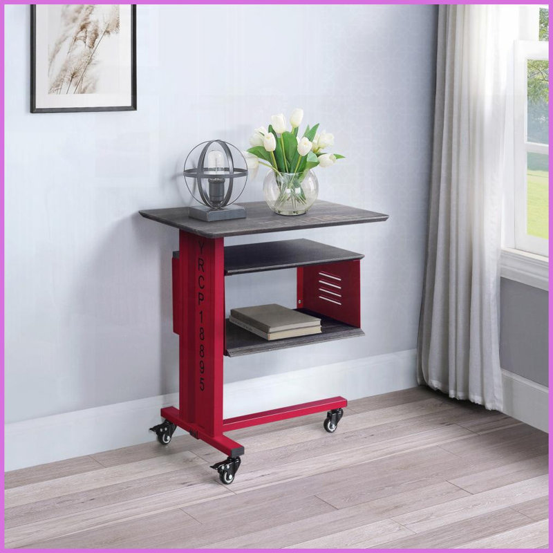 Table basse asymétrique industrielle rouge - Roulettes mobiles, métal et amp; Plateau en bois avec tablette murale incluse