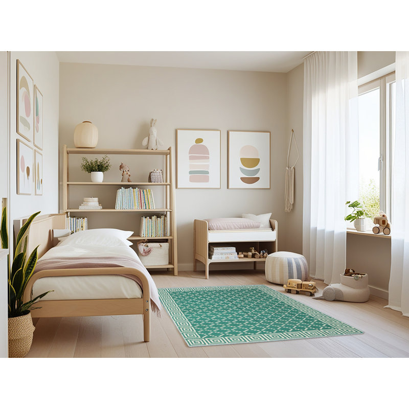 Tapis blanc/vert contemporain, Rectangle 3 pi x 5 pi