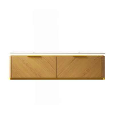 60" Wall-Mounted Carrara White Sintered Stone Countertop And Corolla Oak Woodgrain Plywood Cabinet, NO Basin, NO Faucet And Sink Cover