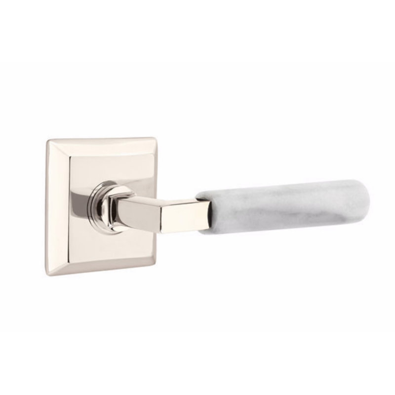 Ensemble de leviers de passage Emtek Select, rosette Quincy, tige carrée en L, poignée en marbre blanc, gauche, Gauche