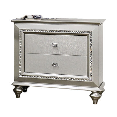 Champagne Colored Nightstand - Crafted Wooden Build Structures, Glittering Trim Attachment Pieces, Functional Drawer Storage Unit Systems, Felt-lined Interior Compartment Space Areas, Modern Leg