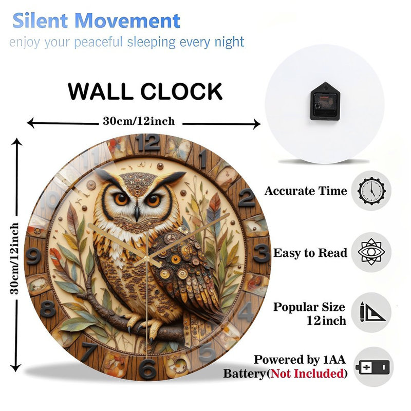 Horloge murale décorative chouette avec art unique 12 po