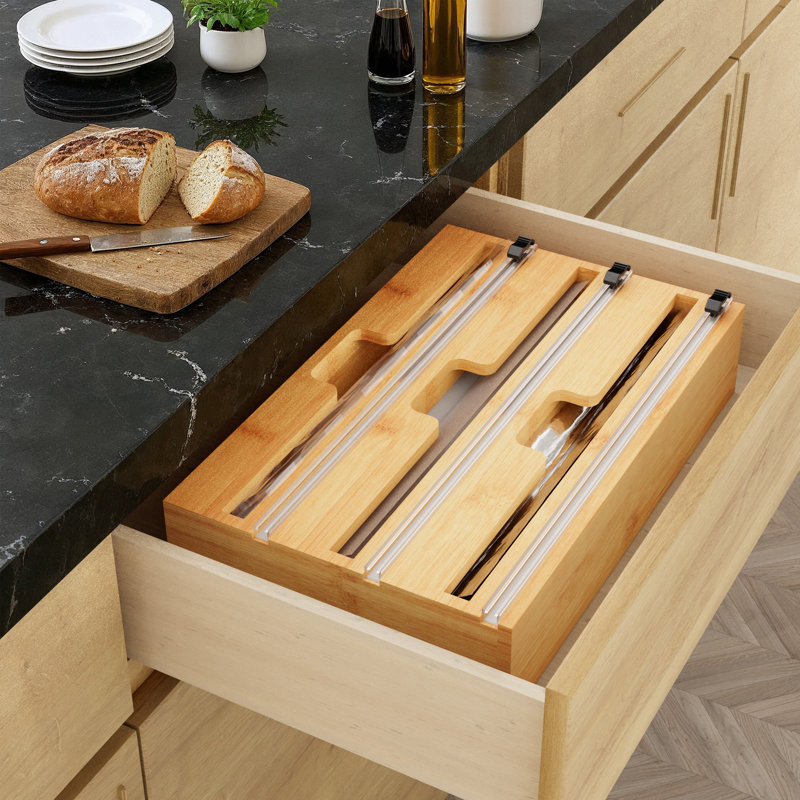 WrapNeat 3 in 1 Wrap Organizer with Cutter & Labels, Bamboo Dispenser for Plastic Wrap, Aluminum Foil & Wax Paper, Kitchen Storage Holder for 12" Rolls