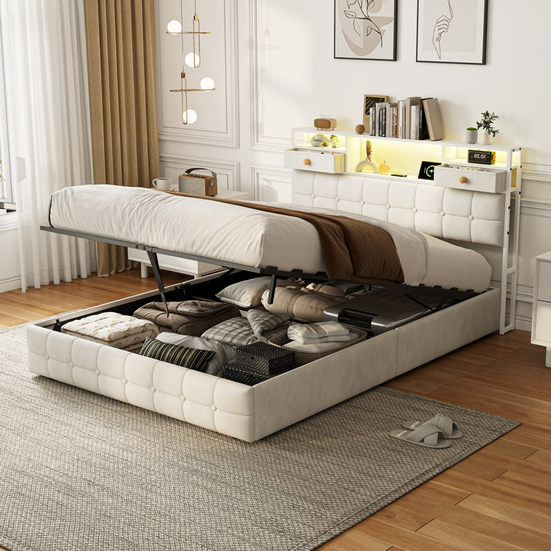 Ottoman Storage Bed, Beige, European Double (140 x 200 cm)