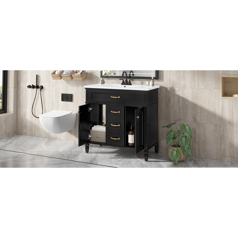 Meuble-lavabo 36 po avec lavabo, meuble autoportant noir avec cuve en céramique, cadre en bois aggloméré et en bois massif, tiroir supérieur rabattable, portes à fermeture en douceur, 2 tiroirs de rangement, poignées dorées