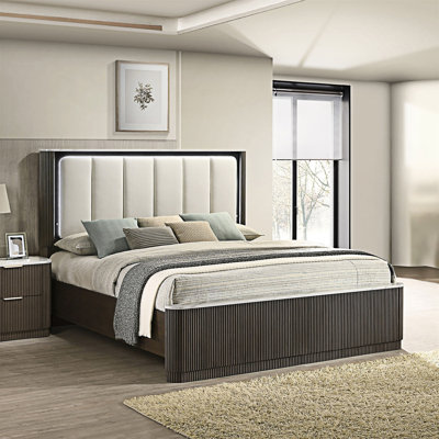 Wooden Platform Bed with Upholstered Headboard