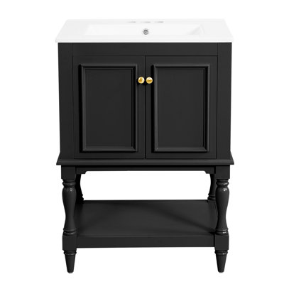 Meuble-lavabo de luxe moderne 24 po avec lavabo en céramique, armoire de salle de bain avec tablette ouverte et rangement fermé