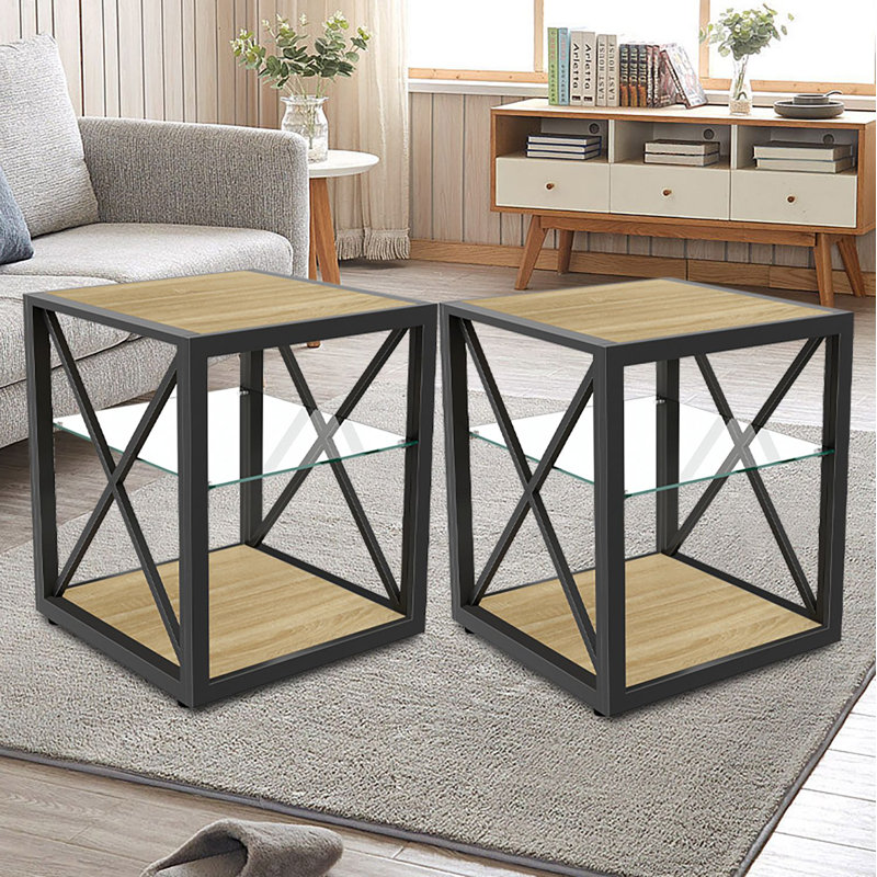 Ensemble de 2 tables d'appoint de style Mid-Century à trois niveaux avec tablette centrale en verre trempé et tablettes en grain de bois, structure en métal noir