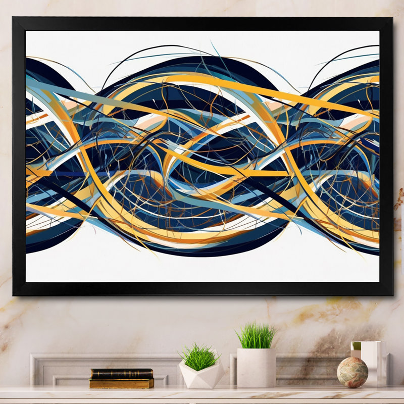 Helix expression abstraite jaune et bleu, Cadre simple noir, H 24 po x l 32 po x P 1 po