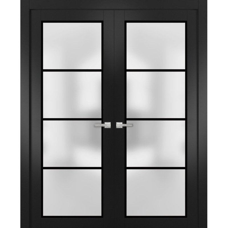 Portes françaises doubles solides | Verre givré Planum 2132 | Garnitures de cadre en bois massif | Portes robustes de chambre à coucher pour garde-robe