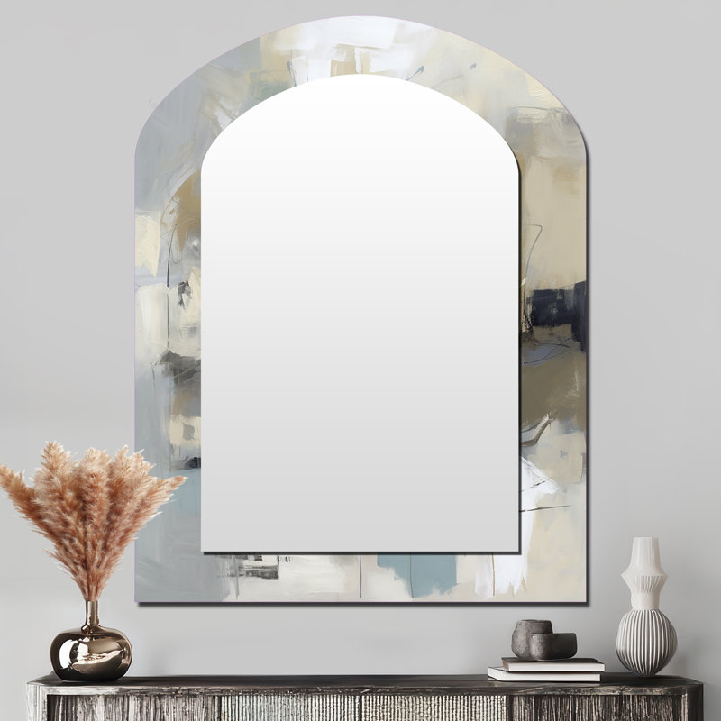 Beige et gris - Créature abstraite I - miroir mural asymétrique, miroir décoratif arche moderne, impression d'art en métal