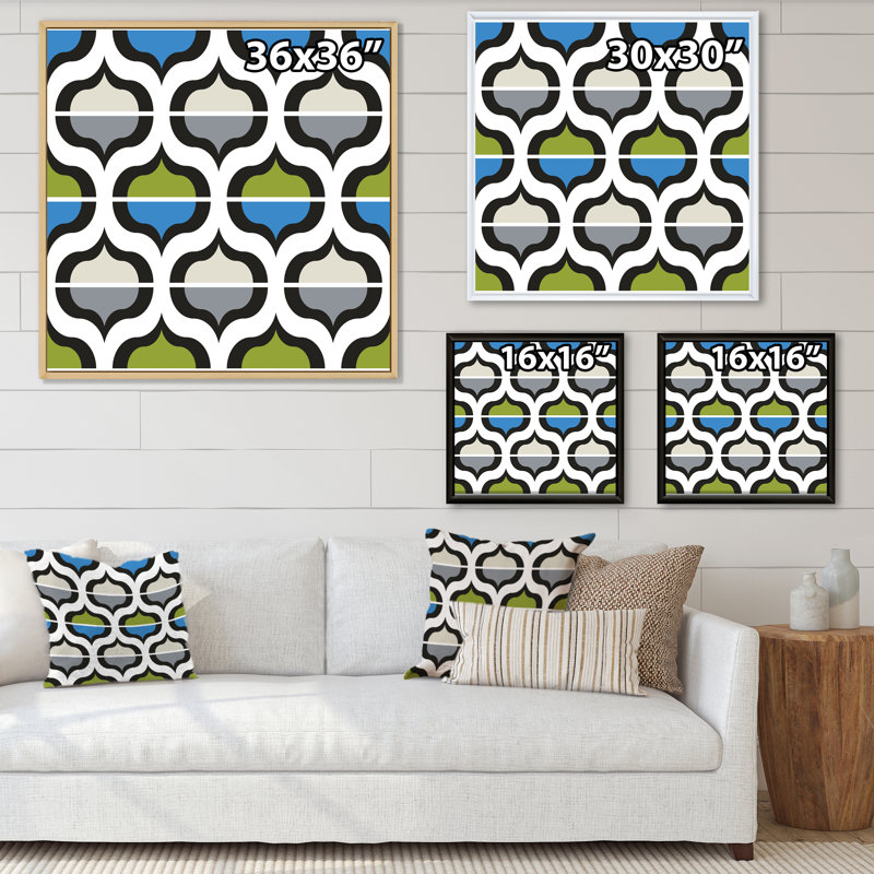 «Green and Blue Retro Geometrics», impression sur toile, H 16 po x l 16 po, Cadre flottant blanc