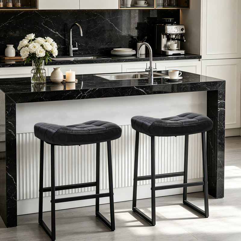 24" Modern Backless Saddle Counter Height Bar Stools With Metal Frame for Kitchen Island, Black Seat/Black Frame