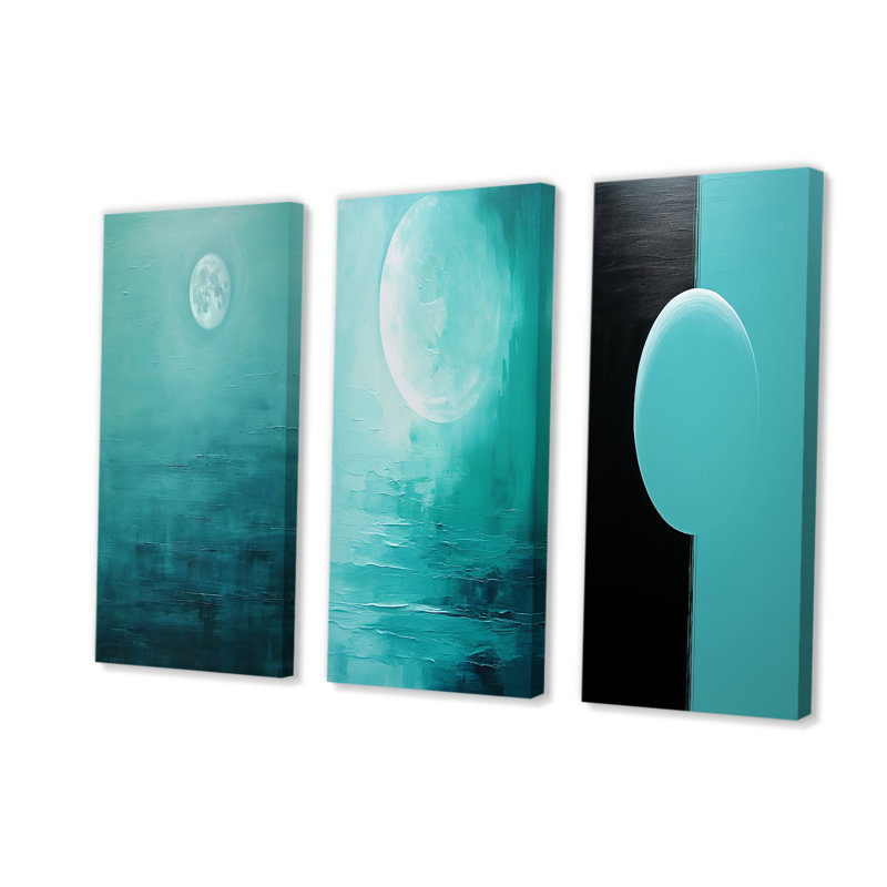 Ensemble de 3 impressions sur toile Teal Moon Tranquility - Moon, H 28 po x l 36 po, Toile tendue