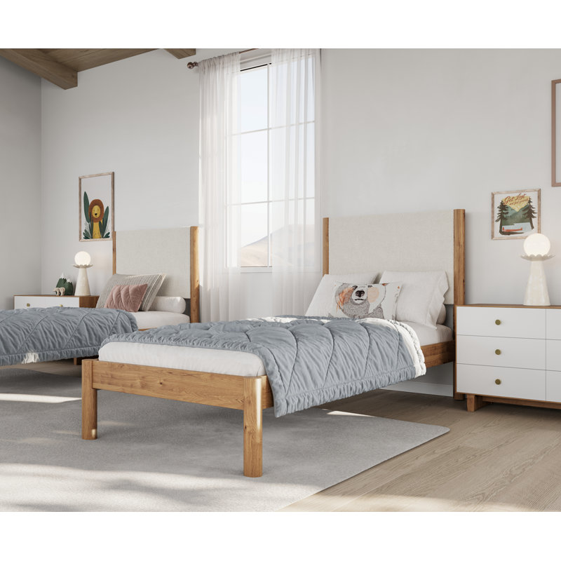 Ardin Solid Wood Bed Frame With Cream Boucle Upholstered Headboard, Natural, Twin