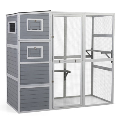 Cat House In Gray With Waterproof Top And Playful Spaces - Spacious Lively Pet Enclosure Fir Wood Doors 4 Accessible Dwelling For Cats, Rabbits, Hamst