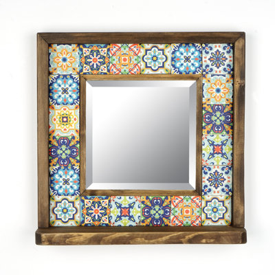 Élégant miroir mural géométrique 17 po x 17 po | Structure 100% bois de pin, travertin naturel et calcaire | Finition à base d'eau | 5 crochets de suspension inclus | Parfait pour la décoration intérieure et l'esthétique Boho