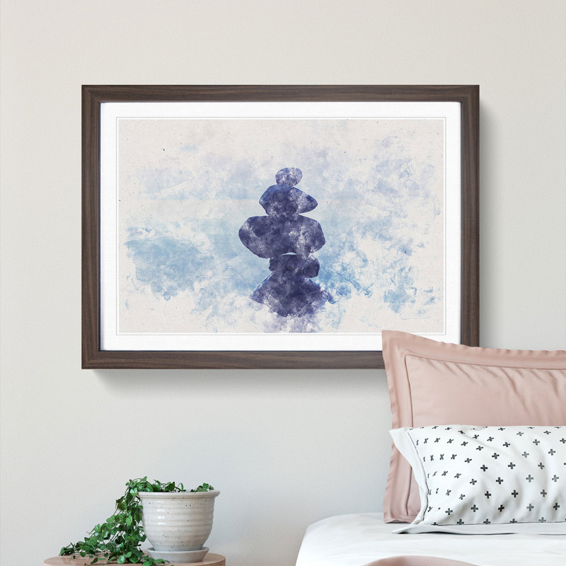 Balancing Zen Stones upon a Lake Watercolour 1 Piece Single Picture Frame Wall Art on MDF, 45cm H x 63cm W x 2cm D