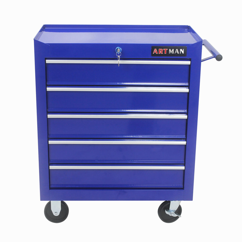 Coffre à outils à 5 tiroirs, armoire de rangement pour outils pour le garage avec 4 roues et système de verrouillage, Bleu
