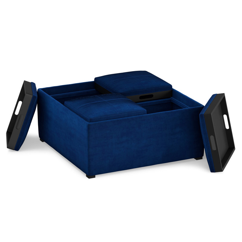 Avalon 35"W Upholstered Velvet Modern Square Coffee Table Storage Ottoman with 4 Flip-Over Trays