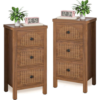 Table de chevet cannelée, ensemble de 2 tables de chevet Mid-Century avec 3 tiroirs, noyer
