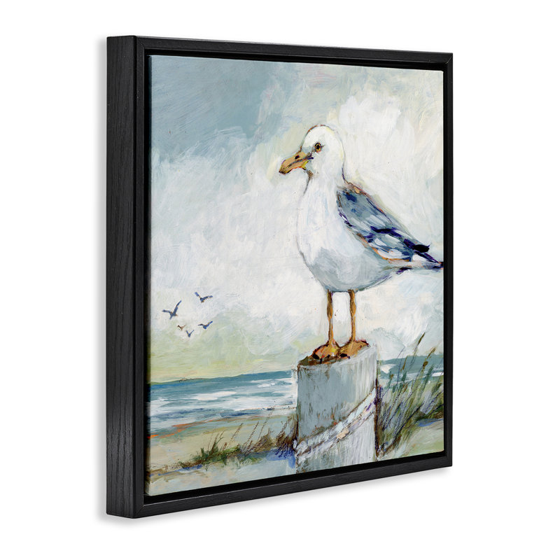 «Seagull Marine Beach Scene Floater», art mural par Susan Winget, H 18 po x l 18 po, Cadre flottant noir de jais