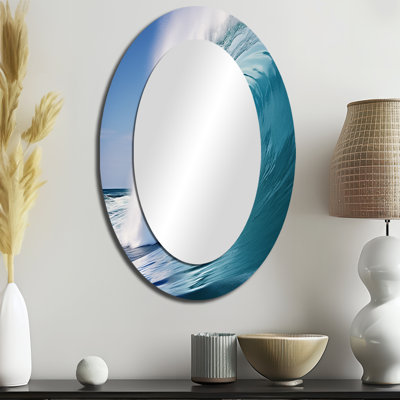 Turquoise Power of Ocean Wave III - Miroir décoratif ovale côtier sur métal