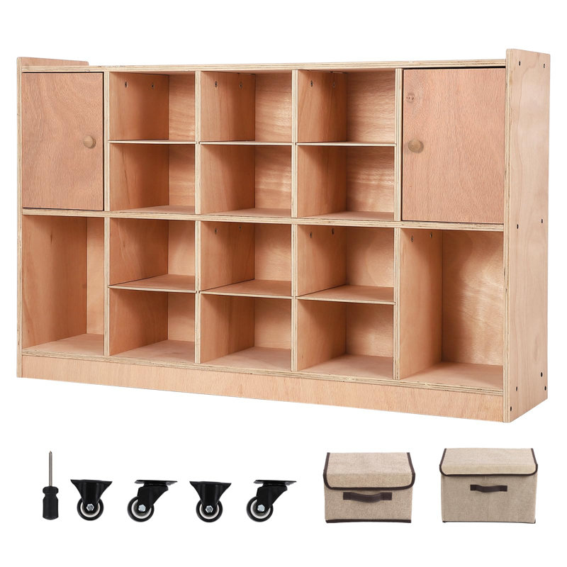 Armoire de rangement à casiers avec 2 portes, cubes de rangement avec 2 fixations anti-basculement, 4 roulettes et 2 boîtes pour la maison, l'école et la maternelle