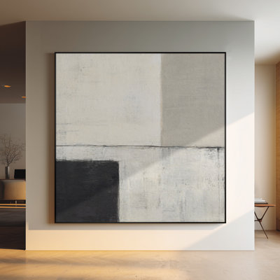 Extra Large Wall Art Fabric Print - Minimalist Neutral Geometric Abstract with Black and White Blocks for Living Room or Bedroom - "Frame Assembly Required (Unfinished Frame)"