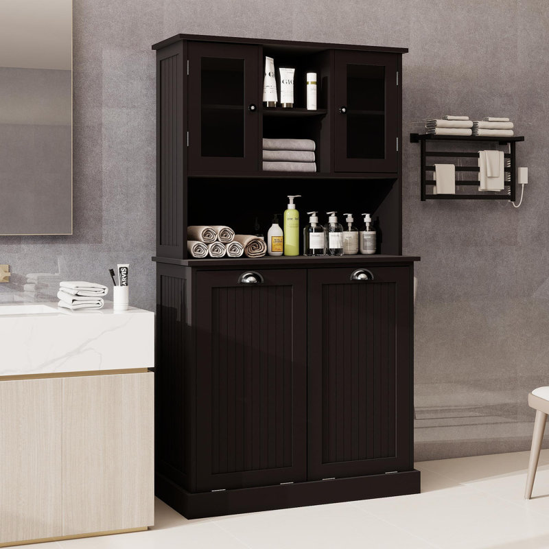 Grande armoire de salle de bain à deux compartiments inclinable avec panier à linge et 2 tablettes réglables - noir