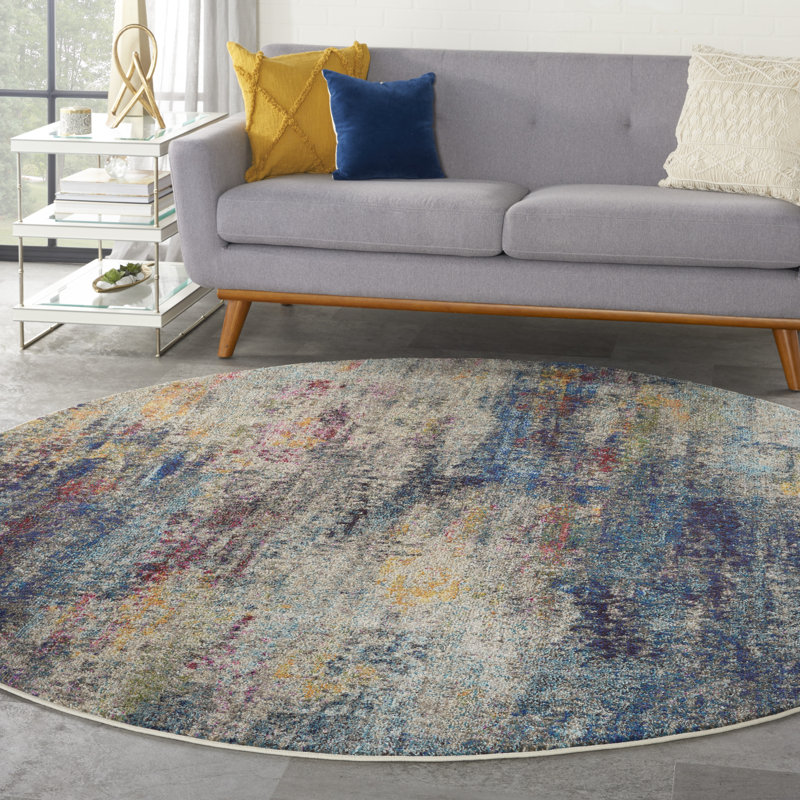 Tapis contemporain contemporain multicolore transitionnel, Rond 7 pi 10 po