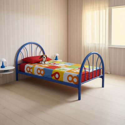 Heavy Duty Metal Twin Platform Bed 39 Inch High, 16 Support Slats with Blue  Red Underbed Storage Tub, Noise Free Bed Frame for Bedroom